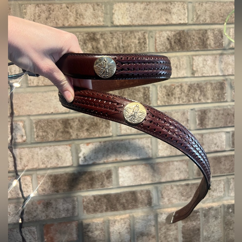 Brighton Onyx Brown Braided Leather Belt Silver Golfer Coins